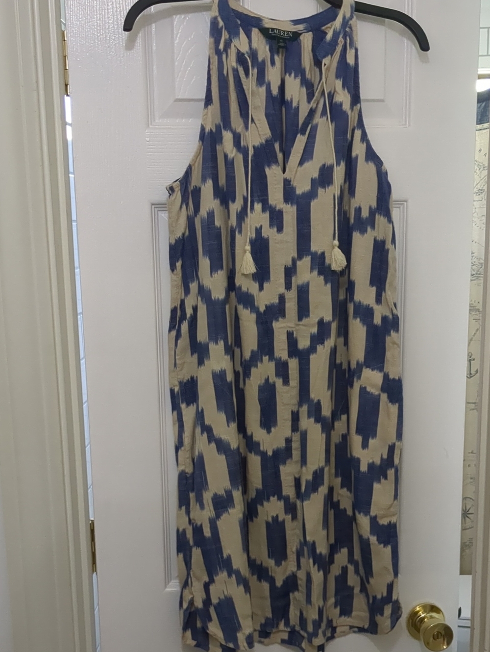 Lauren Ralph Lauren Blue and Cream Sleeveless Tie-Neck Maxi Dress